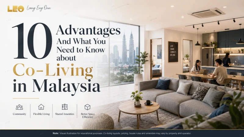 Modern co-living home in Malaysia with private bedrooms and shared living, dining and working spaces.