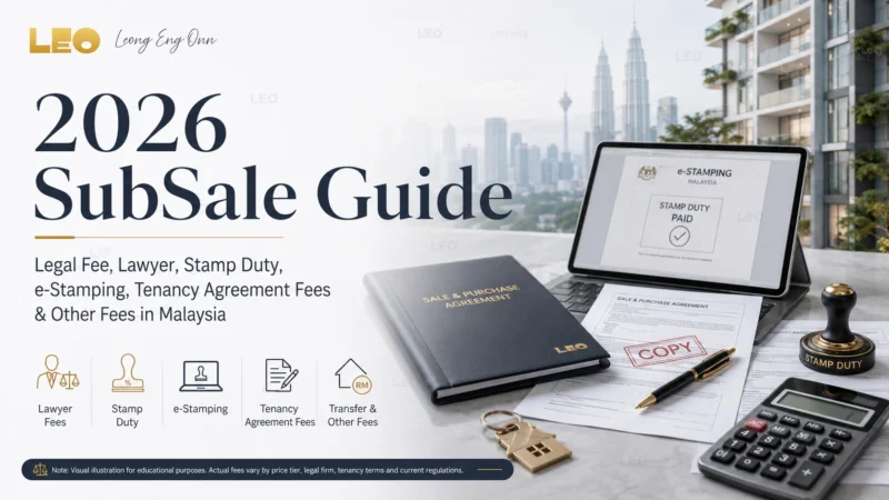 Malaysian subsale property transaction with a completed home, legal documents, property keys and cost-planning materials.
