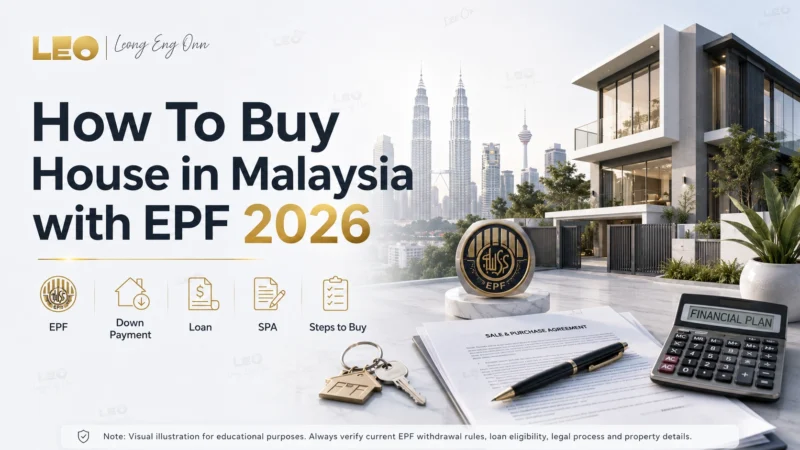 Malaysian homebuyer reviewing EPF housing withdrawal information, property documents and house keys.