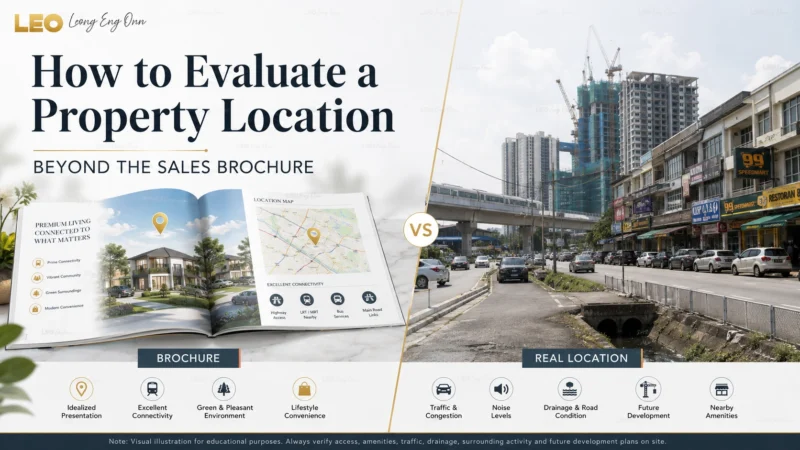 Comparison between a property sales brochure and real location factors such as traffic, amenities and surrounding development in Malaysia.