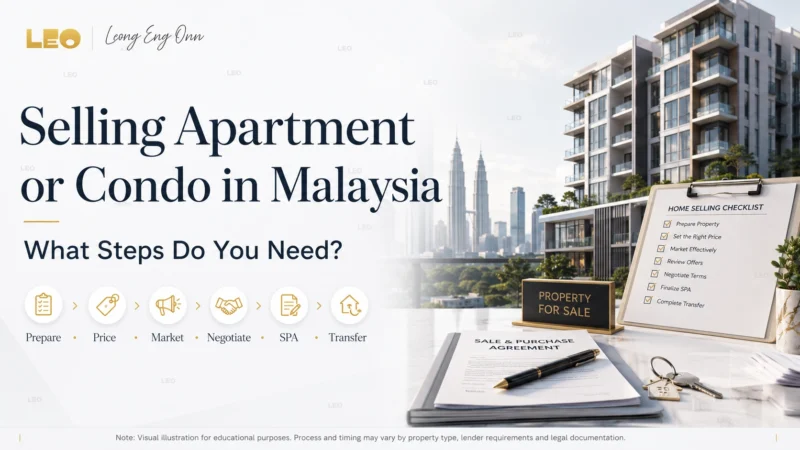 Homeowner reviewing sale documents and property keys in a modern condominium in Malaysia.