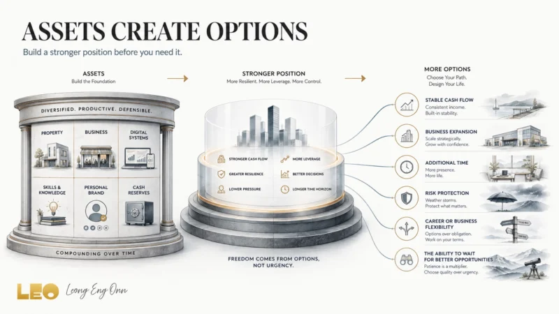 Assets creating strategic options through property, business systems, skills and cash reserves